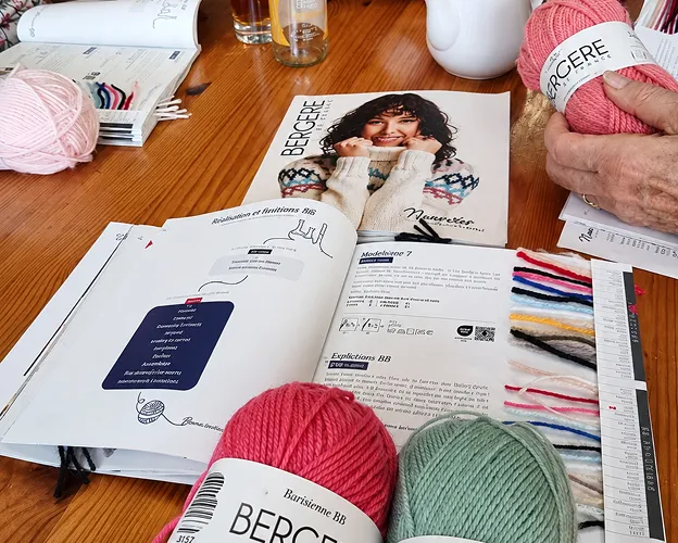Laines et patrons de tricot dans la mercerie.