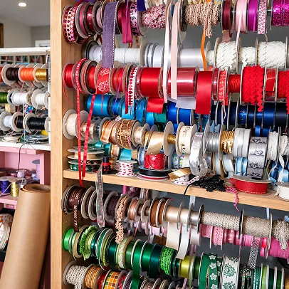 Large sélection de rubans colorés et décoratifs pour créations artisanales et emballages.