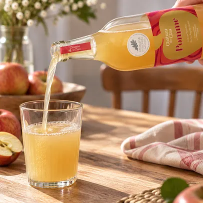 Jus de pomme artisanale versé dans un verre transparent sur table en bois