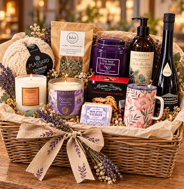 Jars de confitures artisanales et produits gourmands sur table élégante avec sac cadeau.